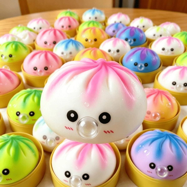 Kawaii Bubble Blowing Bun Squishy, 3pcs Set: 1 Soft Bun + 1 Steamer Lid + 1 Steamer Base, Rising Stress Ball, Funny Squeeze Toy for Anxiety Relief, Kids' Birthday Gift, Blowing Bubbles Baozi Squishy Fidget Toy, TPR Squeeze Relax Ball, Cute Kawaii