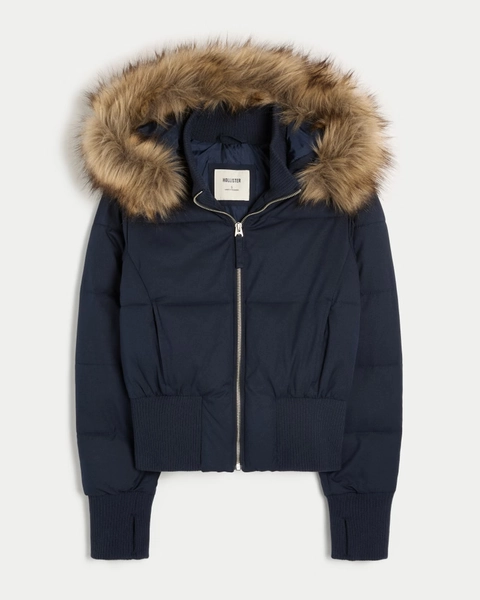 Faux Fur Trim Puffer Bomber Jacket