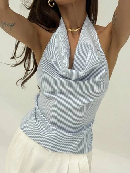 Aloruh Striped Deep V-Neck Halter Backless Bowknot Up Fashionable Sexy Women Shirt Blue
