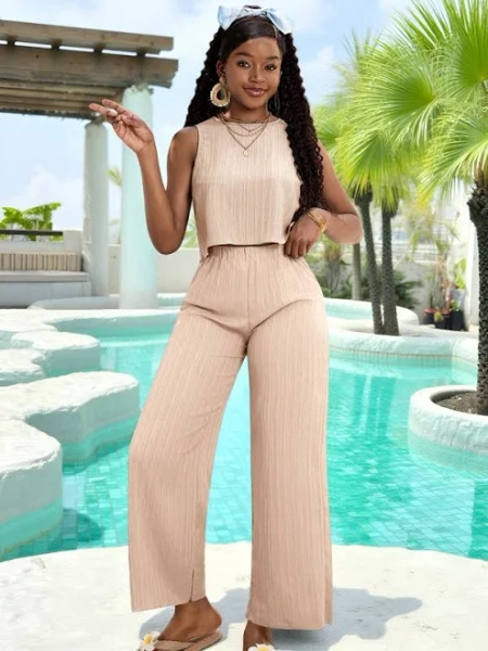 SHEIN Co-Ord Set Trendy Cute Summer Outfits Round Neck Camisole Wide Leg Pants Polyester Regular Fit Vacation Teen Girls