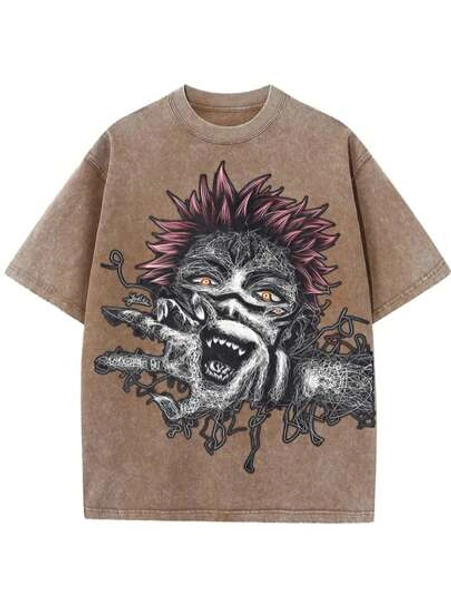 Hot Blooded Japanese Cartoon Anime Spell: Return To The Battle Inn Nuo Handsome Spelling Action: Palm, Lips, Big Head Cartoon Portrait Pattern Printed 230g Washed Cotton T-Shirt, Men's Summer High Quality Printed Washed Cotton Retro Fashion Brand Loose Casual Coffee T-Shirt, Single Piece, Suitable For Outdoor Wearing In Summer, Has A Certain Thickness, Daily Wear And Friend Gifts, Back To School Gifts, Children's Gifts