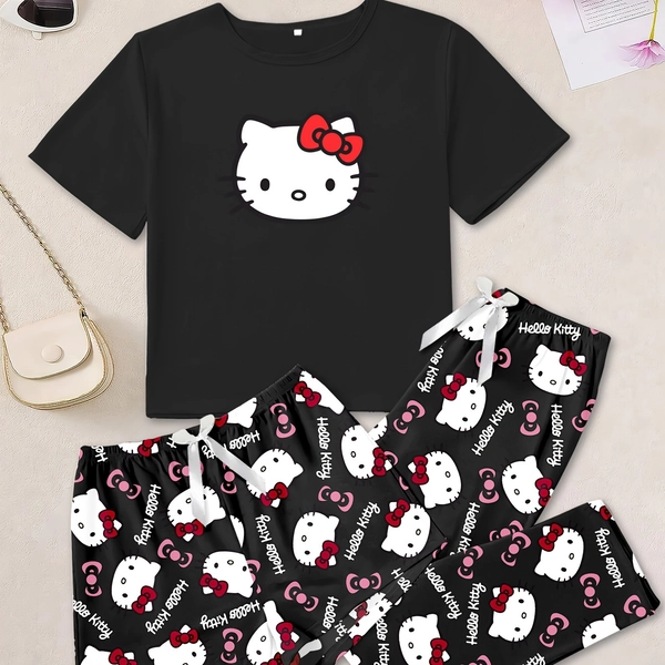 3pcs Hello Kitty Sanrio Pajama Set | Crew Neck Short Sleeve Top and Printed Shorts and Long Pants, Comfortable Sleepwear for Adults