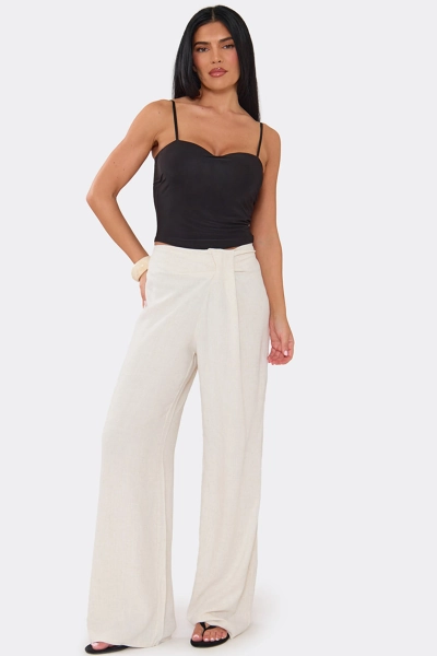 Wide Leg Drape Front Linen Mid Rise Trousers