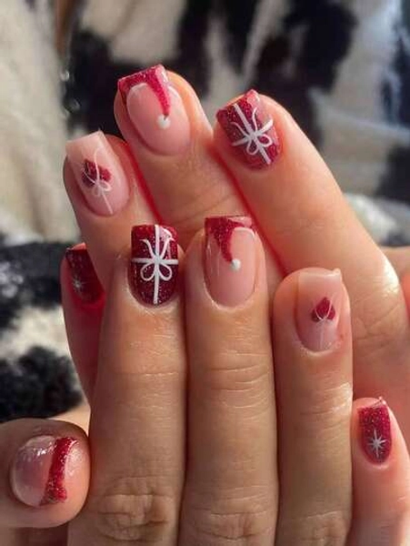 Christmas 24pcs Short Square Christmas Hat, Heart And Bow Pattern Design French Tip Press On Nails Fit Perfectly Design Acrylic False Nails Set, Include: 1pc Jelly Glue And 1pc Nail File, Christmas Nails Nails For Ladies Daily Wear And Holidays