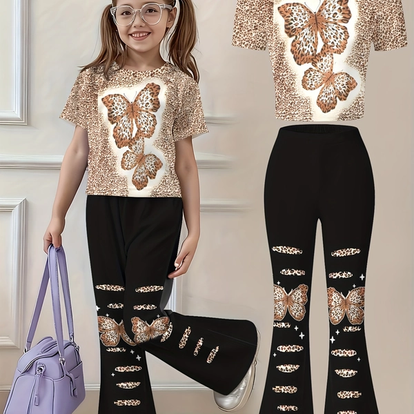 Girls' two-piece short-sleeved top and flared pants set, suitable for teenagers as casual wear.Adorable style and lively design, perfect for both indoor and outdoor wear., Perfect for Outdoor