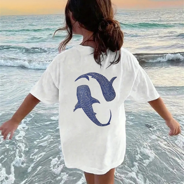 Trendy Girls' Fashion Round Neck T-Shirt with Back Print, 95% Cotton Casual Printed Top, Versatile Short Sleeve for Autumn and Summer