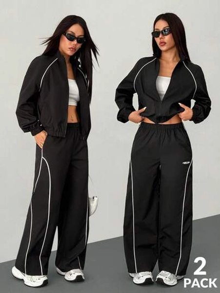 SHEIN PETITE 2pcs Women Streetwear Athleisure Cargo Outfit: Reflective Lapel Windbreaker Coat And Cargo Parachute Pants, Suitable For Spring/Autumn