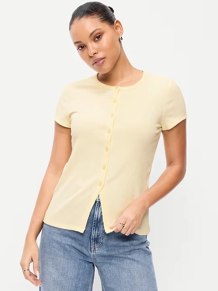 Short-Sleeve Ribbed Button-Down Top