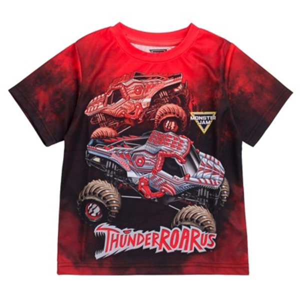 Monster Jam Toddler Boys' Allover Print Smoke Active Short Sleeve Graphic Tee Thunderroarus Red 4T