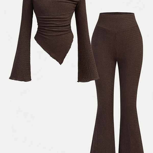 Summer Girls' 2pcs Set: Coffee-Colored Ruffled Knit Top and Long Pants, Suitable for Young Girls, Perfect for Outdoor