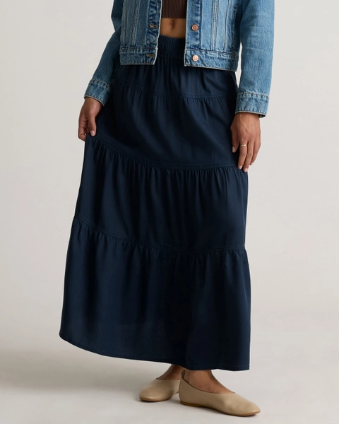 Vintage Wash Tencel Tiered Maxi Skirt in Midnight Blue