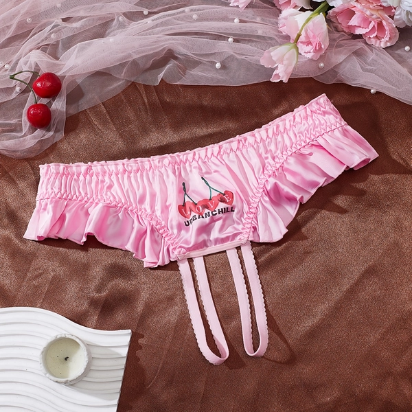 A Sweet And Cool Pink Satin Cherry Print Ruffled Thong