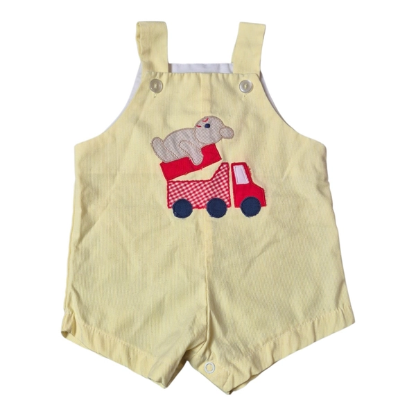 VTG Samara Infant 0-3 Mon Yellow Dump Truck Shortall Romper Baby Retro Nursery 