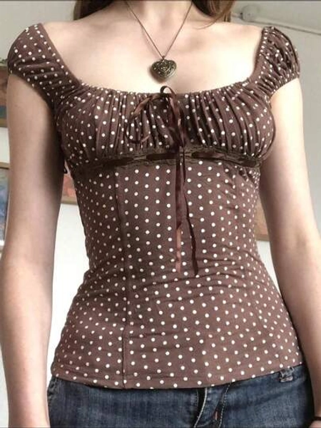 Women's Y2k Polka Dot Shirt Cap Sleeve Tie-Up Slim Fit Shirts Summer Casual Going Out Tops Streetwear
