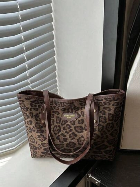 1pc Brown Nylon Fabric Smooth Zipper Leopard Print Rivet Inlaid Fashion Versatile Casual Large Capacity Summer New Niche Retro Shoulder Tote Bag, Suitable For Women's Daily Use, New Fall Winter Tiger Print Bag For Women, New Fall Winter Cheetah Print Purse For Women