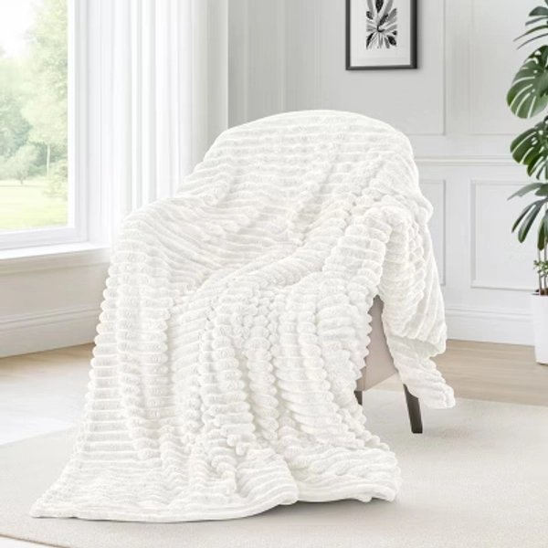 Throw Blankets Super Soft Ribbed Cozy Textured Stripe Fleece Blankets for Sofa, Chair - Throw Size 50" x 60" (Off White)