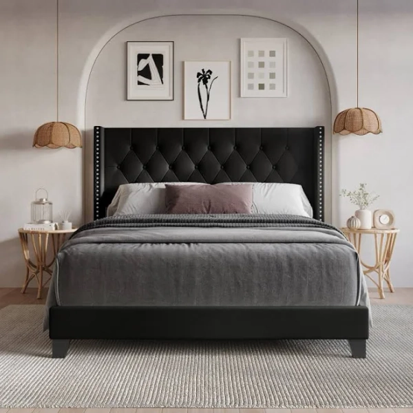 Home Design Homer Button-Tufted Wingback Upholstered Panel Bed Frame with Nailhead Trim Design for Adult