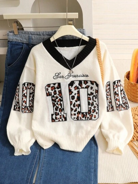 SHEIN Tween Girls Casual Street Style Leopard Print LA Logo Text Oversized V-Neck Drop Shoulder Long Sleeve Pullover Sweater Teen Girl Sweaters Leopard Print Sweater Tween Girl Clothes,In Fall/Winter