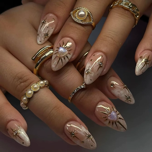 10PCS 3D Sun Star Gold Nail Almond Short Gold Charm Design Reusable Acrylic Fake Nails for Women and Girls as Gifts - AliExpress 