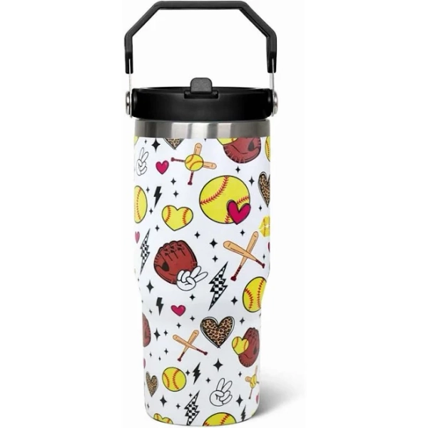 30oz Softball Tumbler with Flip Lid Handle & Straw Insulated Travel Mug for Coffee & Water