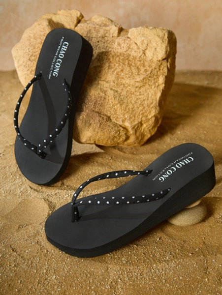 Tropiscape Women Fashionable Black And White Polka Dot Summer Shoes Casual Beach Thong Sandals With Thin Straps, Wedge Heels And Thick Platform Soles Beach Autumn Winter Gifts - Size CN35