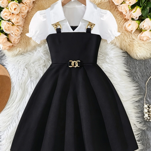 [Party and Everyday Dress] Girls' Fashionable Casual and Elegant Short-Sleeve Party and Everyday Dress, Golden Chain Accent - Two-Tone Neckline, Flared Skirt Hem, Machine Washable Formal and Casual Wear Suitable for School, Vacation Parties, Travel, Daily Family Activities