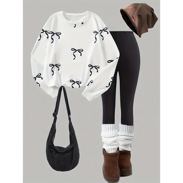 Girls' Fashion Casual Sportswear Set | Cute Bow Print Crew Neck Long Sleeve Sweatshirt and Leggings Two-Piece Set, Perfect for Outdoor Activities
