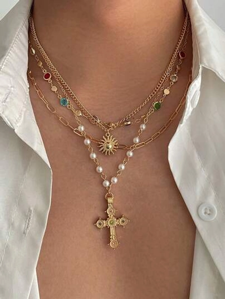 4pcs Vintage Metal Geometric Round Pendant Multilayer Necklace, Women Punk Style Jesus Cross Pendant Necklace