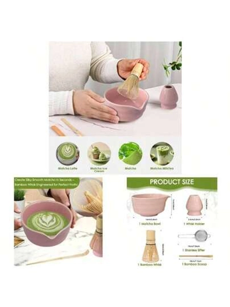 Matcha Whisk Set, 5 Pcs Ceramic Matcha Set, Pink Matcha Kit With Matcha Whisk And Holder, Matcha Bowl With Spout, Matcha Scoop, Stainless Sifter, Matcha Lovers - Pink