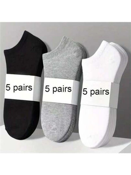5 Pairs Of Black, White, And Gray Solid Color Thin Short Socks Set, Simple And Multifunctional Casual Invisible Socks, Anti Odor, Suitable For Both Men And Women, Suitable For Wearing In All Seasons, Moisture Wicking Sports Socks, Anti Slip Design