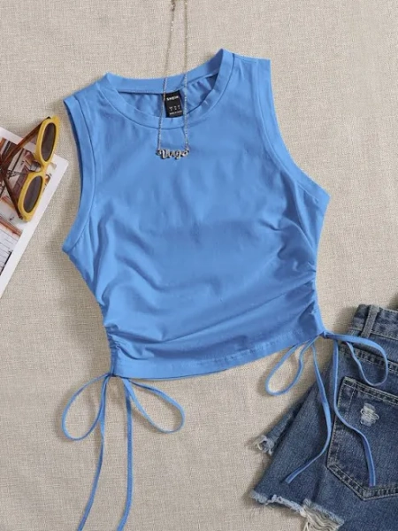 SHEIN Drawstring Ruched Crop Tank Top Women's Summer Halter Camisole Regular Fit Round Neck Sleeveless Casual