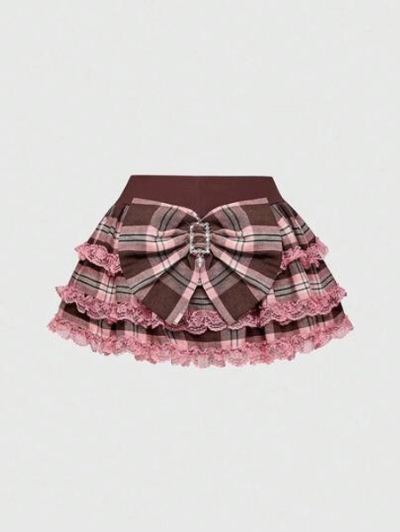 ROMWE J-Fashion Y2K Harajuku Style Oversized Bow Low Waist Lace Trim Plaid Skater Skirt For Women