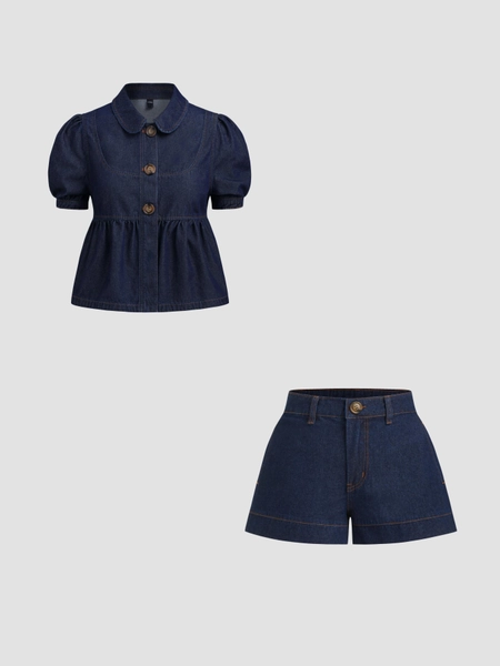 Denim Peter Pan Collar Ruched Puff Sleeve Blouse & Denim Mid Rise Micro Shorts