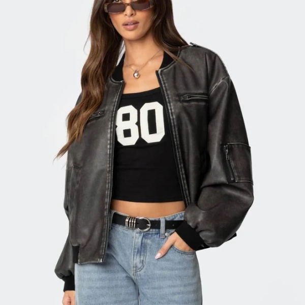 Edikted Women's Vava Washed Faux Leather Bomber Jacket