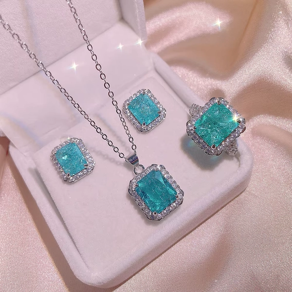 925 Silver Jewelry Three Set for Women Square Paraiba Emerald Pendant Necklace Earrings Adjustable Ring for Women Party Jewelry - AliExpress 36