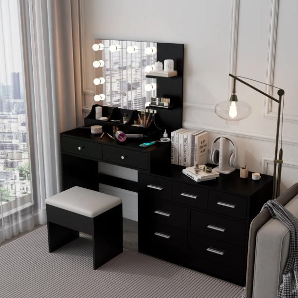 Latitude Run® Large Makeup Vanity Set with Lights, USB & Power Outlet and 9 Drawers & Reviews | Wayfair