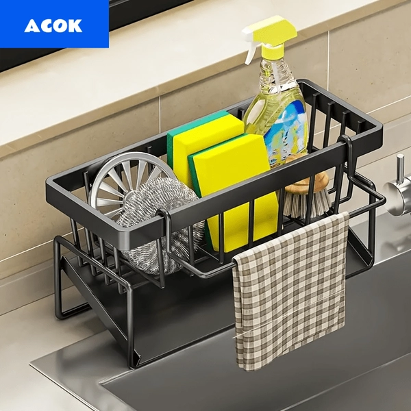 Black Sponge Drain Rack with Dishcloth Holder | Plastic Utility Rack for Dish Soap, Dishcloth Brush, Mop - ACOK, Christmas Edition