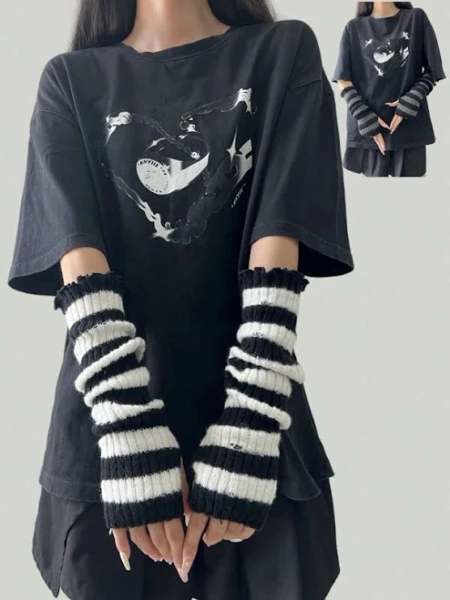 1 Pair Y2K Style Arm Warmers For Women, Punk Gothic Striped Fingerless Knitted Arm Sleeve Warmers For Halloween Cold Gloves Y2k Valentine's Day