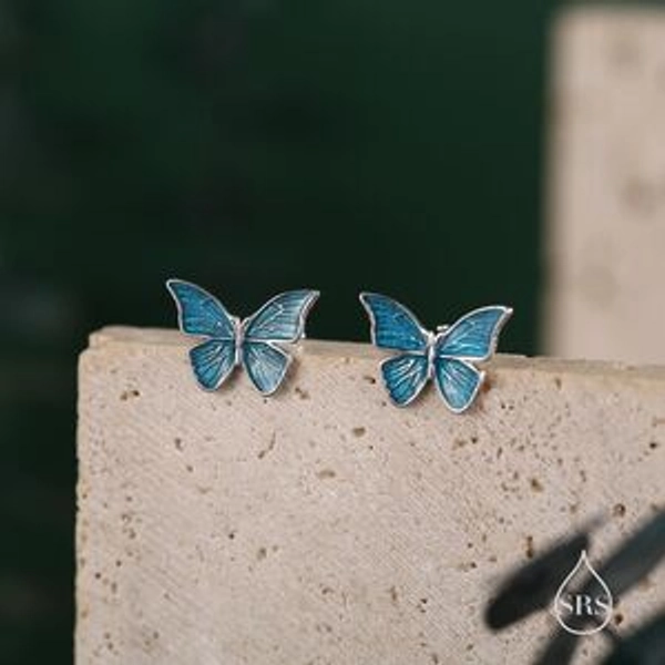 Sterling Silver Blue Enamel Butterfly Stud Earrings