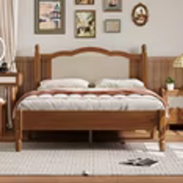 Mirightone Full Size Platform Bed with Natural Rattan Headboard, Vintage Style Wood Full Bed Frames, Full Bed with Wooden Slat Support for Bedroom, Walnut Full bed frame