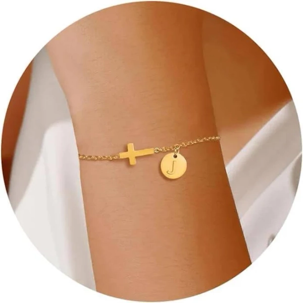 18K Gold Plated Cross Bracelet with Initial Charm