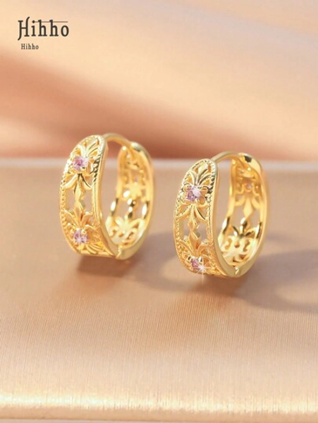 Hihho 1 Pair Vintage Style Hollow Geometric Round Brass Plated Zirconia Earrings With Purple Stones, Fashion Jewelry Gift For Women