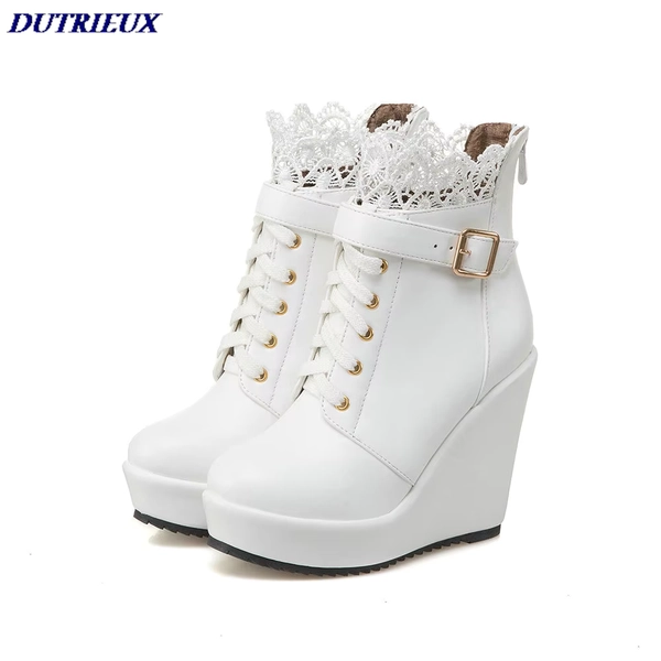 Size 34-43 Winter Buckle Super High 2025 Wedges Platform Ankle Boots for Women Lace Up White Black High Heel Ladies Shoes Bootie - AliExpress 322