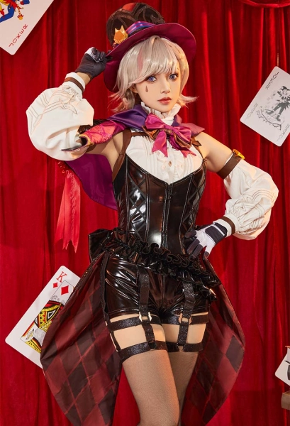 Genshin Impact Lyney Cosplay Costume Jumpsuit and Shawl with Hat and Gloves