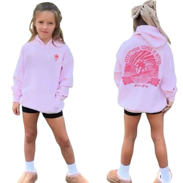 Youth Pink Palm Puff Hoodie, Everything Comes in Waves Oversized Sweatshirt, Unisex Loose Fit, Gift For Fans, Gift for Kids