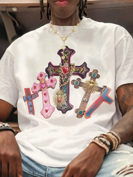 Mens  Comfortable Mens White Crew Neck T-Shirt Cross Jesus Print T-Shirt Vintage Shirt Graphic T-Shirt pro choice streetwear - AliExpress 200000343