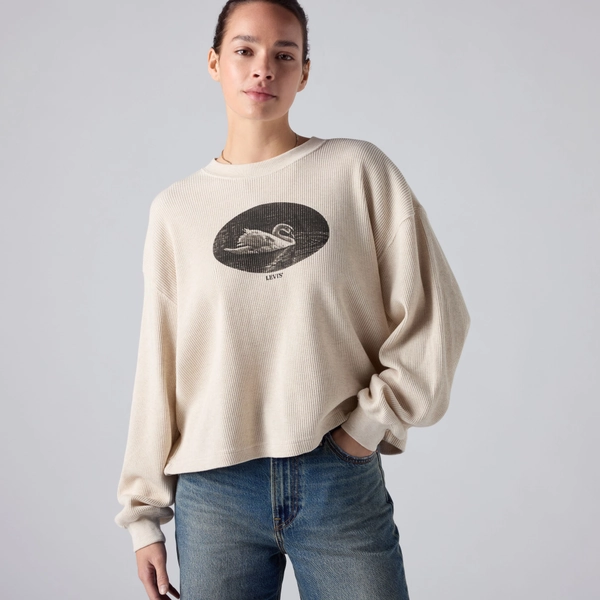 Graphic Relaxed Waffle Long-Sleeve Crewneck Top