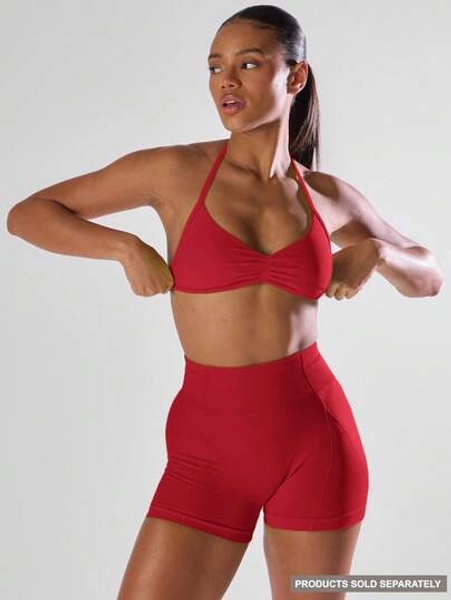 Musera Sport Solid Ruched Bust Open Back Halter Sports Bra , Active Comfy Workout Gym Running Run Clubpadel, Tennis, Pickleball