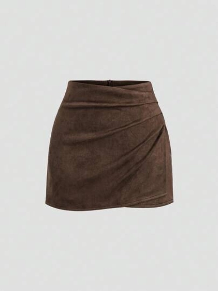 Sweetra Vintage Italian Style Maillard Color Pleated Bodycon Skirt, Sexy & Alluring For Autumn/Winter