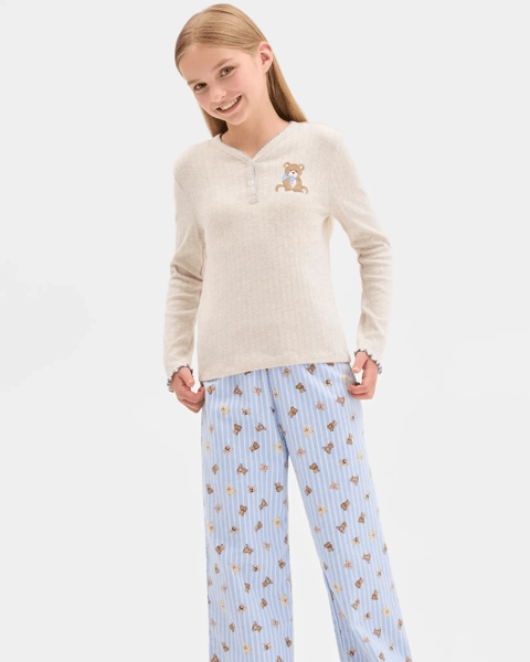 Australian Cotton Older Girls Henley Top and Flannel Pants Pyjama Set - Bear